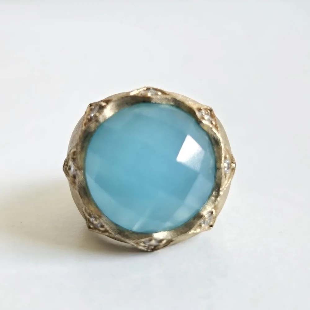 Rivka Friedman 18K Gold Clad Caribbean Blue Quartzite Bold Round Faceted Ring